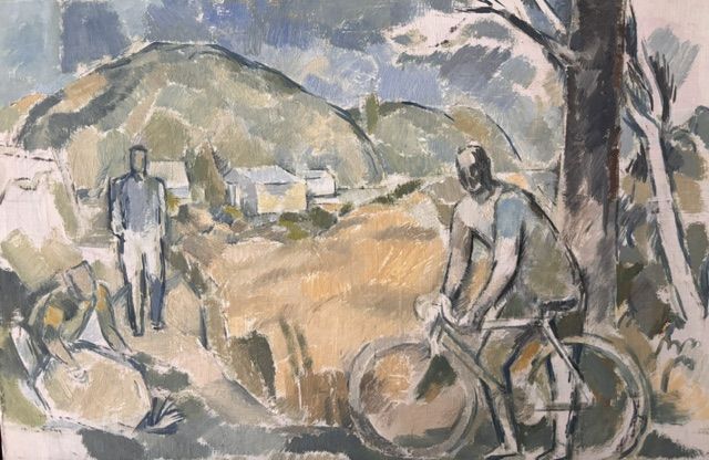 Oil painting of a cyclist in a hillside landscape, painted by Charles's grandfather