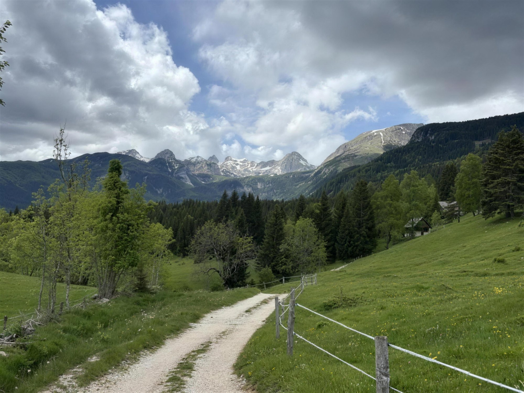 A gravel road climbing past a wooden fence towards the jagged peaks of the Julian Alps